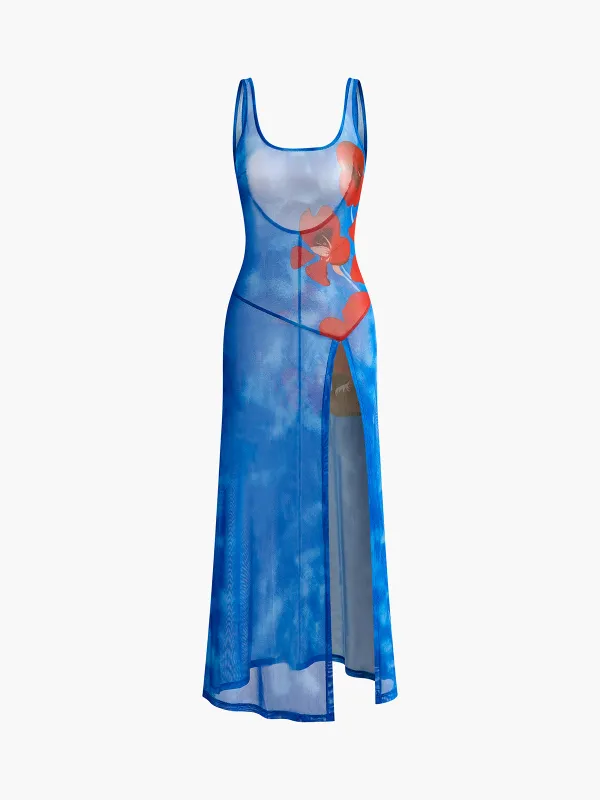 Semi-Sheer Floral Backless Split Dress sold by COMMENSE