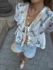 Semi-Sheer Tie Front Floral Blouse sold by COMMENSE