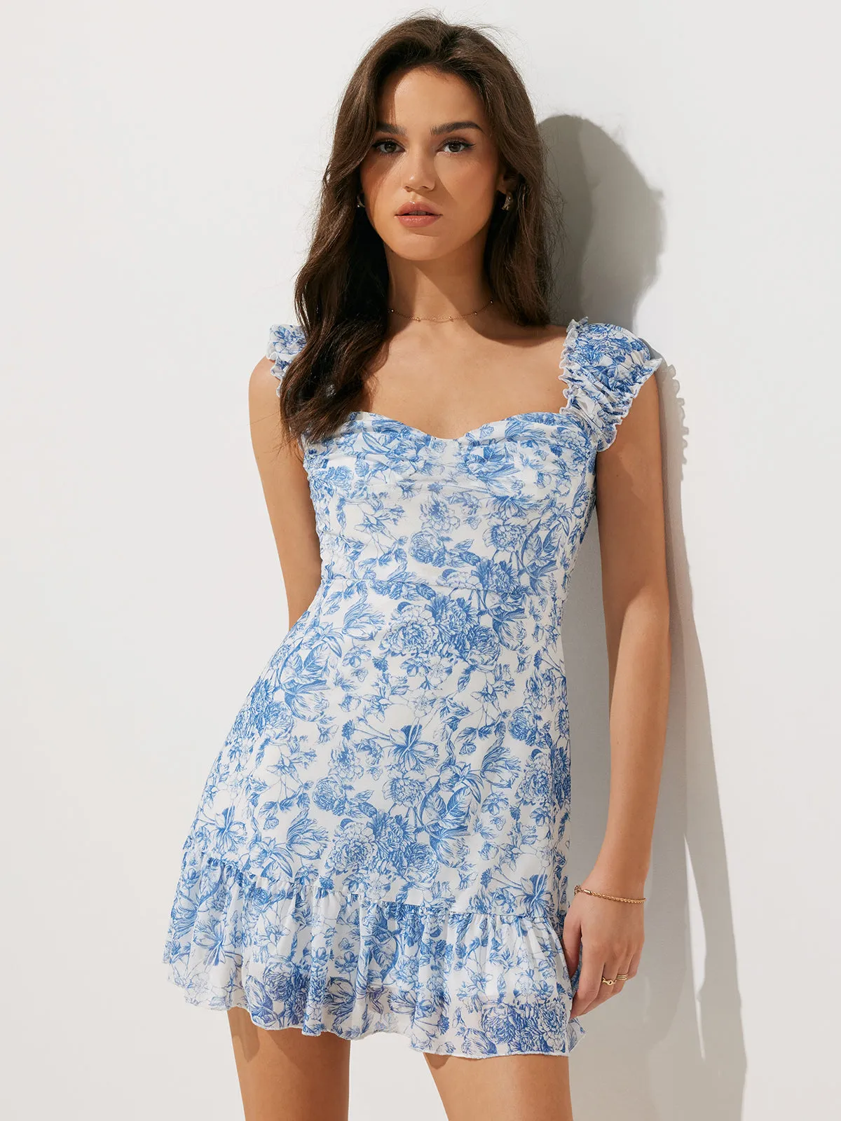 Semi-Sheer Floral Print Ruffle Short Dress sold by COMMENSE