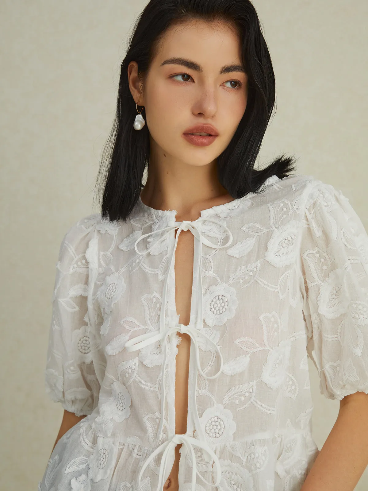 Semi-Sheer Floral Knotted Puff Sleeve Blouse sold by COMMENSE product image thumbnail 2