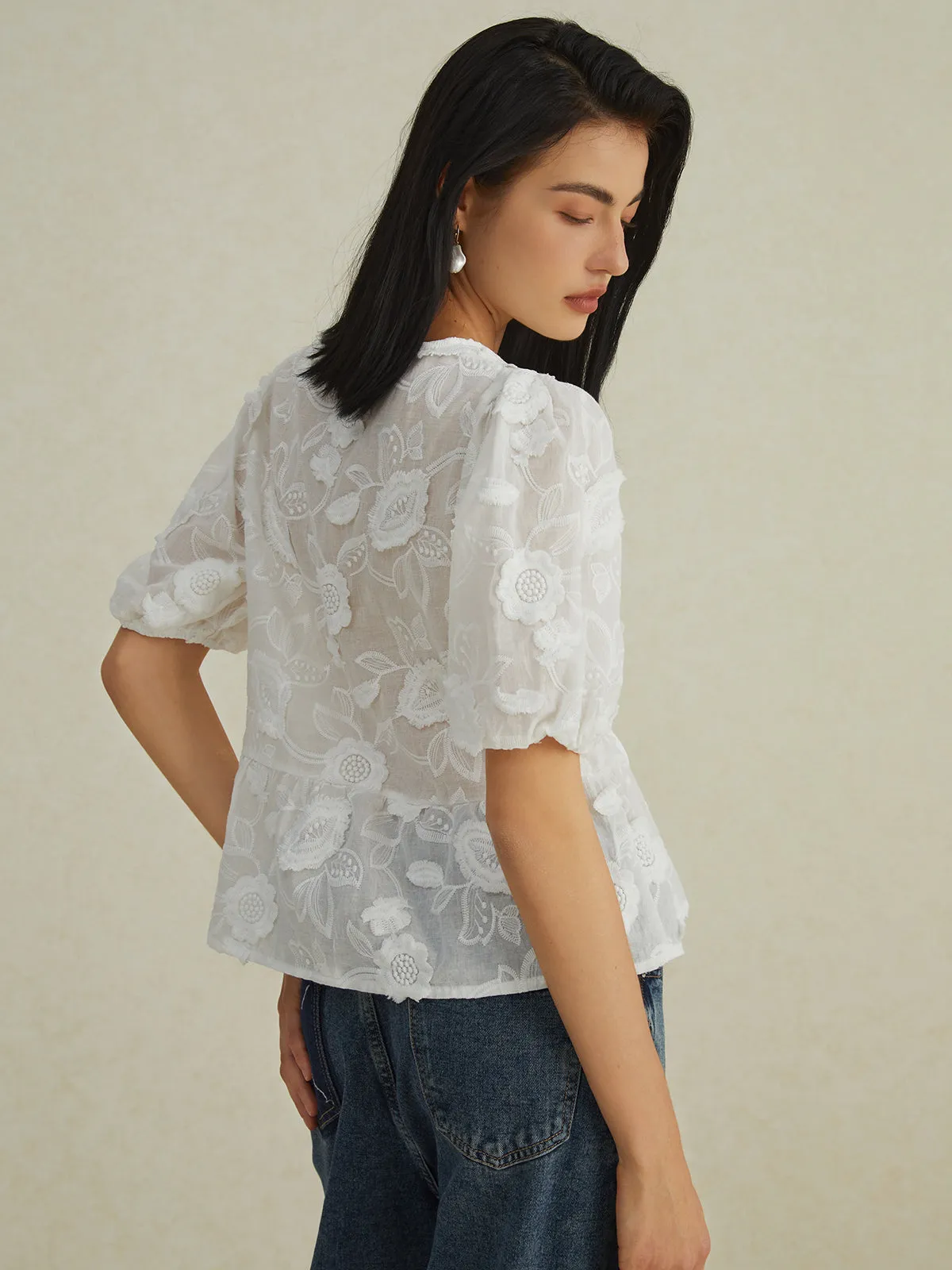 Semi-Sheer Floral Knotted Puff Sleeve Blouse sold by COMMENSE product image thumbnail 4