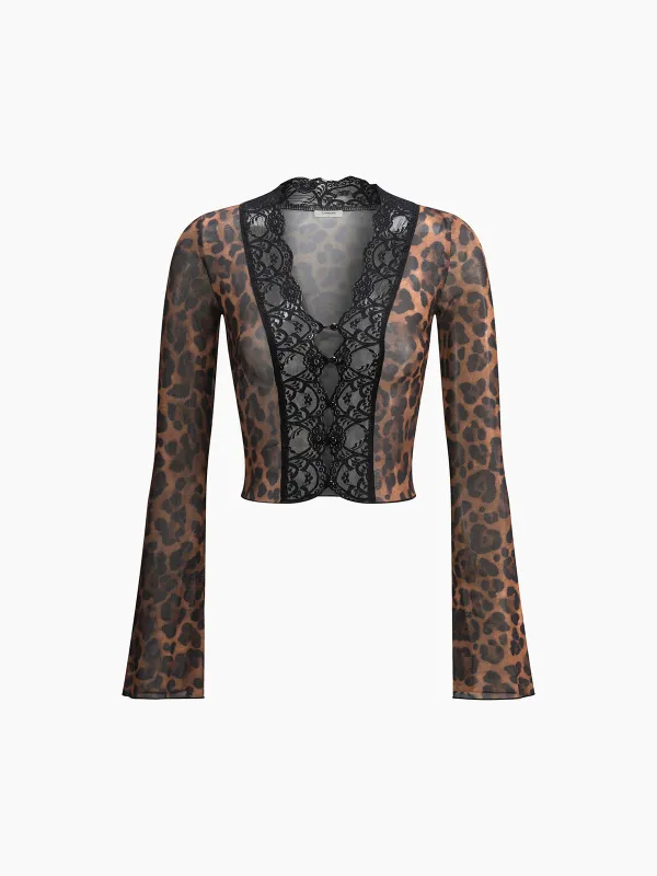 Sheer Leopard Print Long Sleeve Lace Trim Blouse sold by COMMENSE
