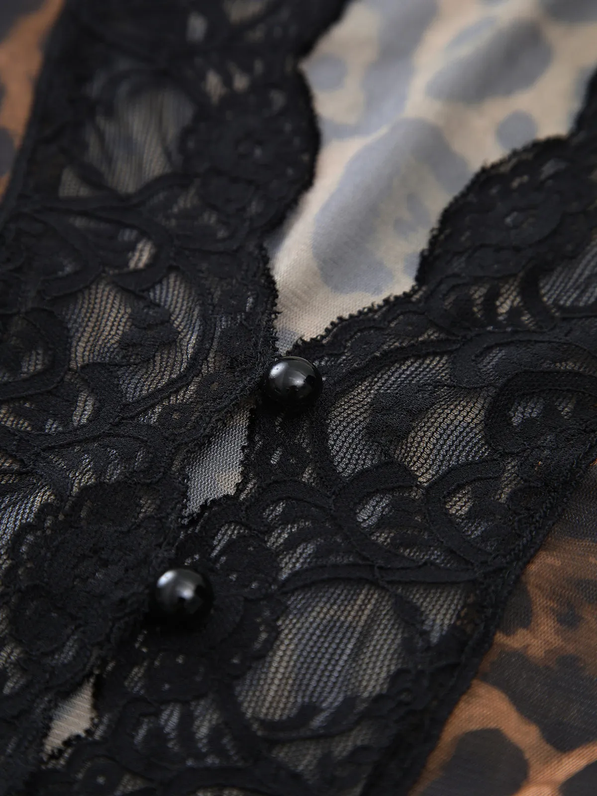 Sheer Leopard Print Long Sleeve Lace Trim Blouse sold by COMMENSE product image thumbnail 3