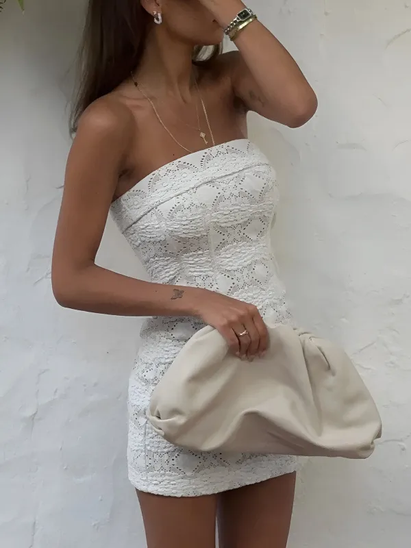 Semi-Sheer Lace Tube Short Dress sold by COMMENSE