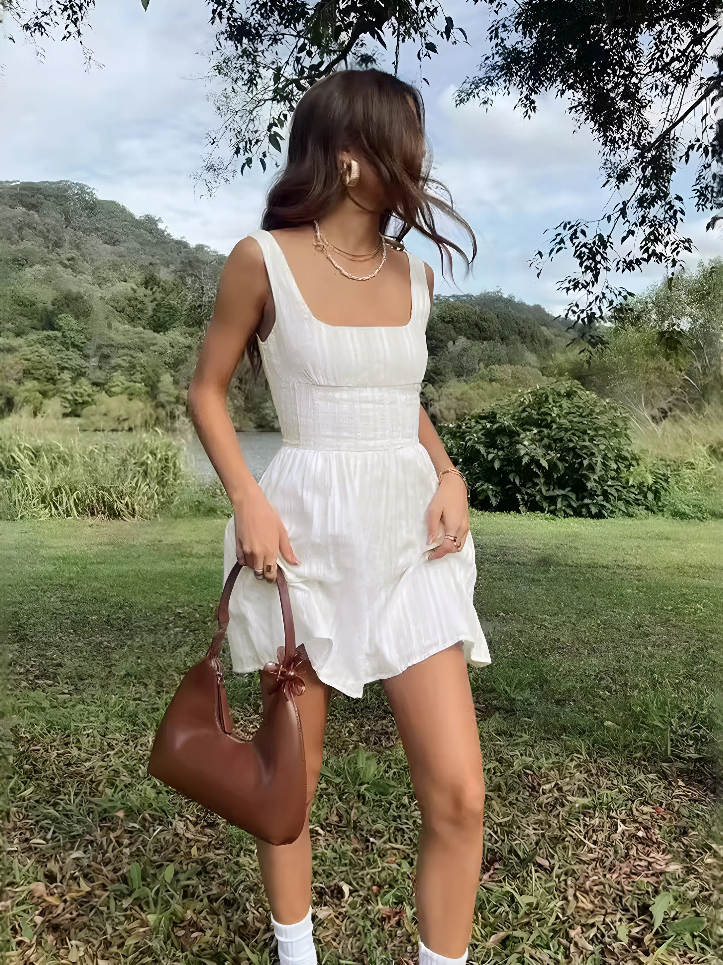 Semi-Sheer Solid Square Neckline Short Dress sold by COMMENSE product image thumbnail 2