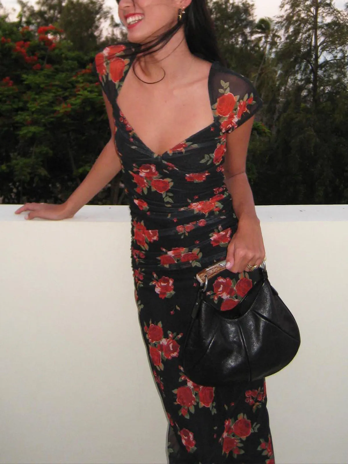 Semi-Sheer Floral Print Ruched Side Midi Dress sold by COMMENSE product image thumbnail 2