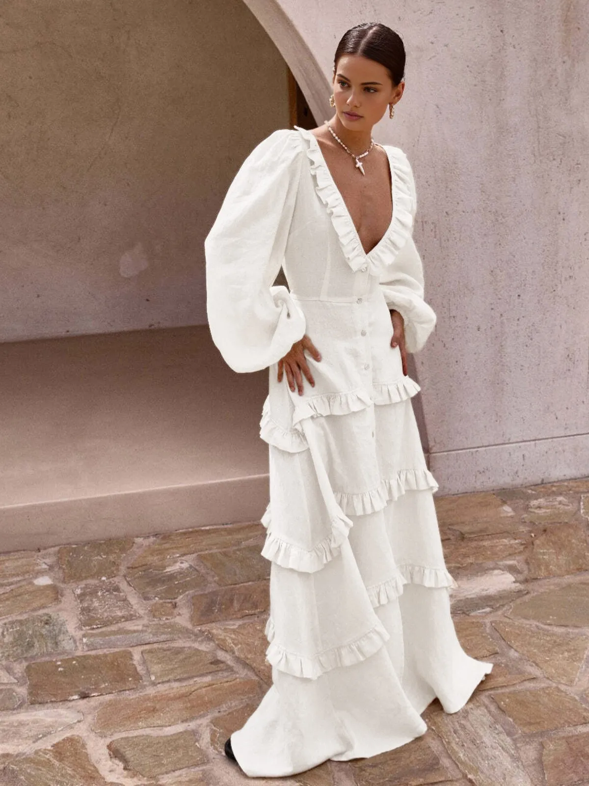 Cotton & Linen Semi-Sheer Ruffle Trim Long Dress sold by COMMENSE product image thumbnail 5