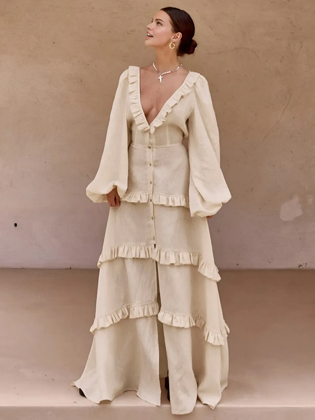 Cotton & Linen Semi-Sheer Ruffle Trim Long Dress sold by COMMENSE product image thumbnail 4