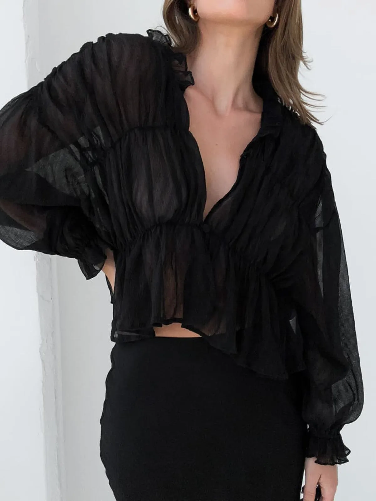 Sheer Chiffon Ruffle Detail Blouse sold by COMMENSE