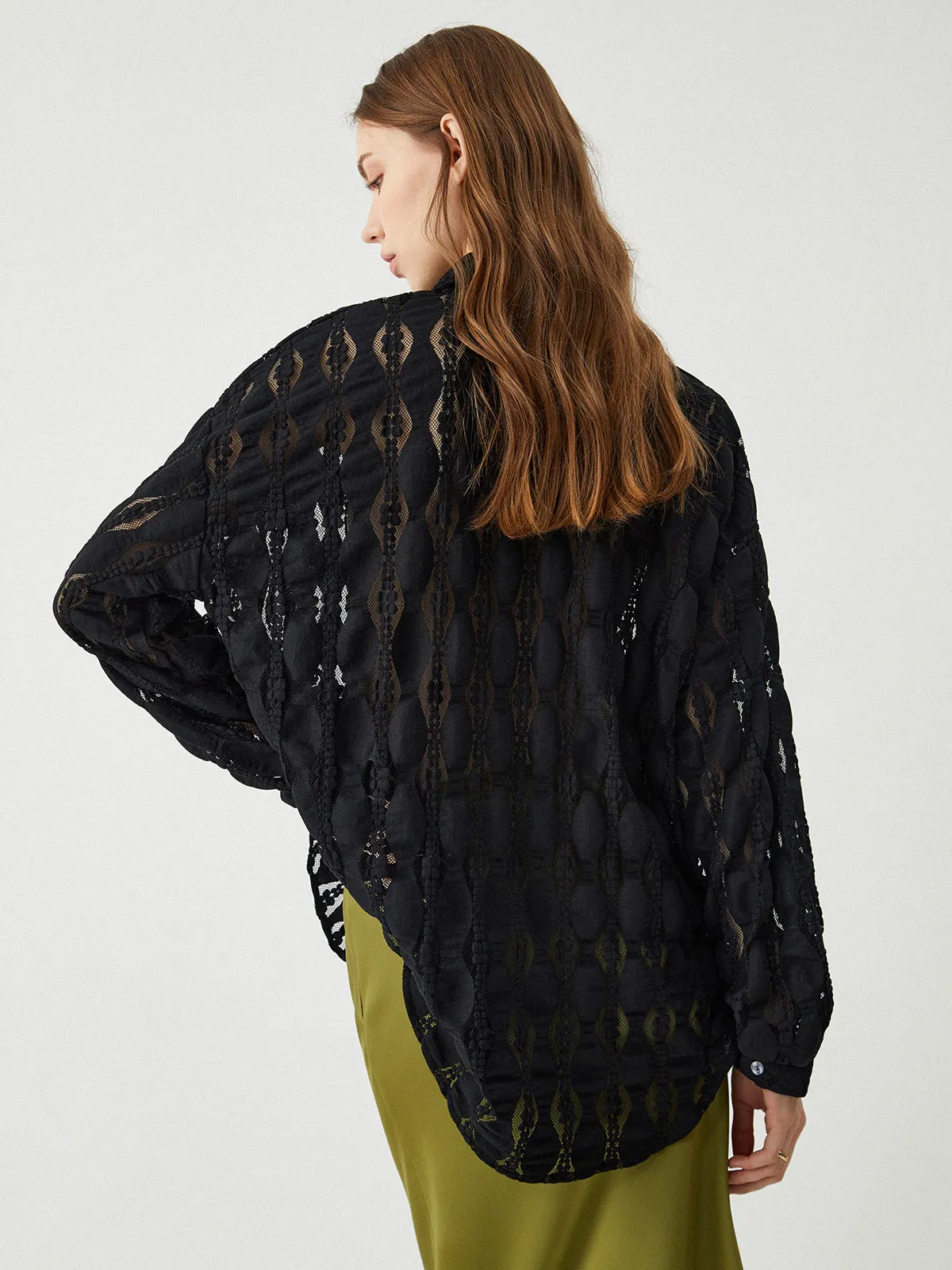 Semi-Sheer Floral Lace Button Up Shirt sold by COMMENSE product image thumbnail 5