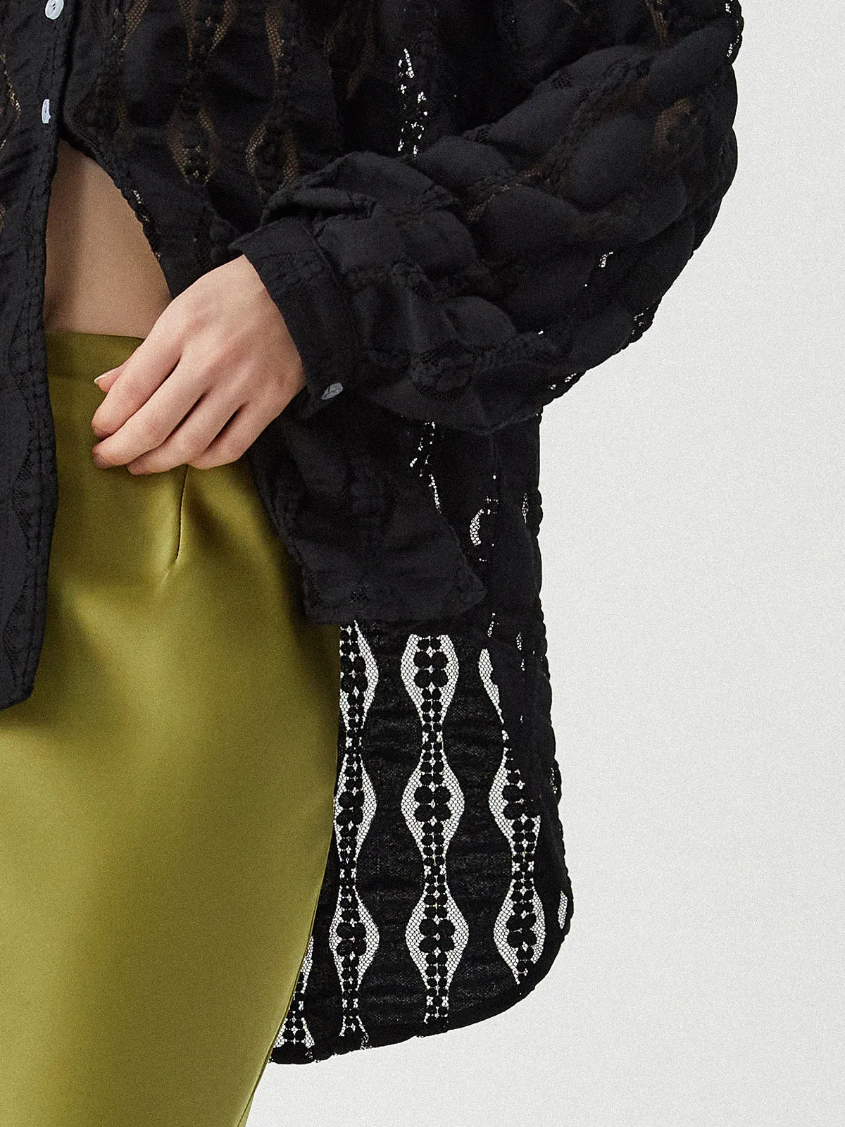 Semi-Sheer Floral Lace Button Up Shirt sold by COMMENSE product image thumbnail 4