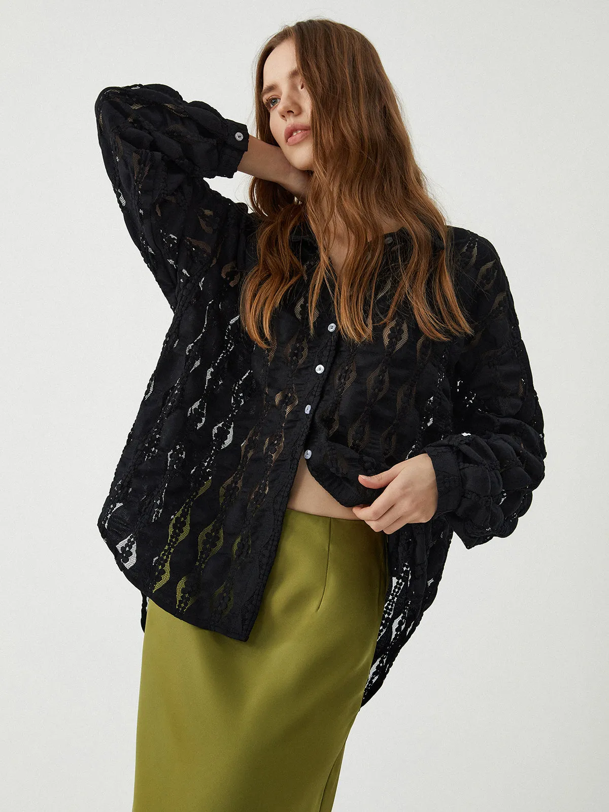 Semi-Sheer Floral Lace Button Up Shirt sold by COMMENSE product image thumbnail 2