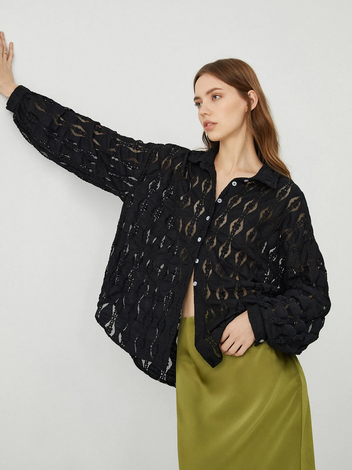 Semi-Sheer Floral Lace Button Up Shirt sold by COMMENSE