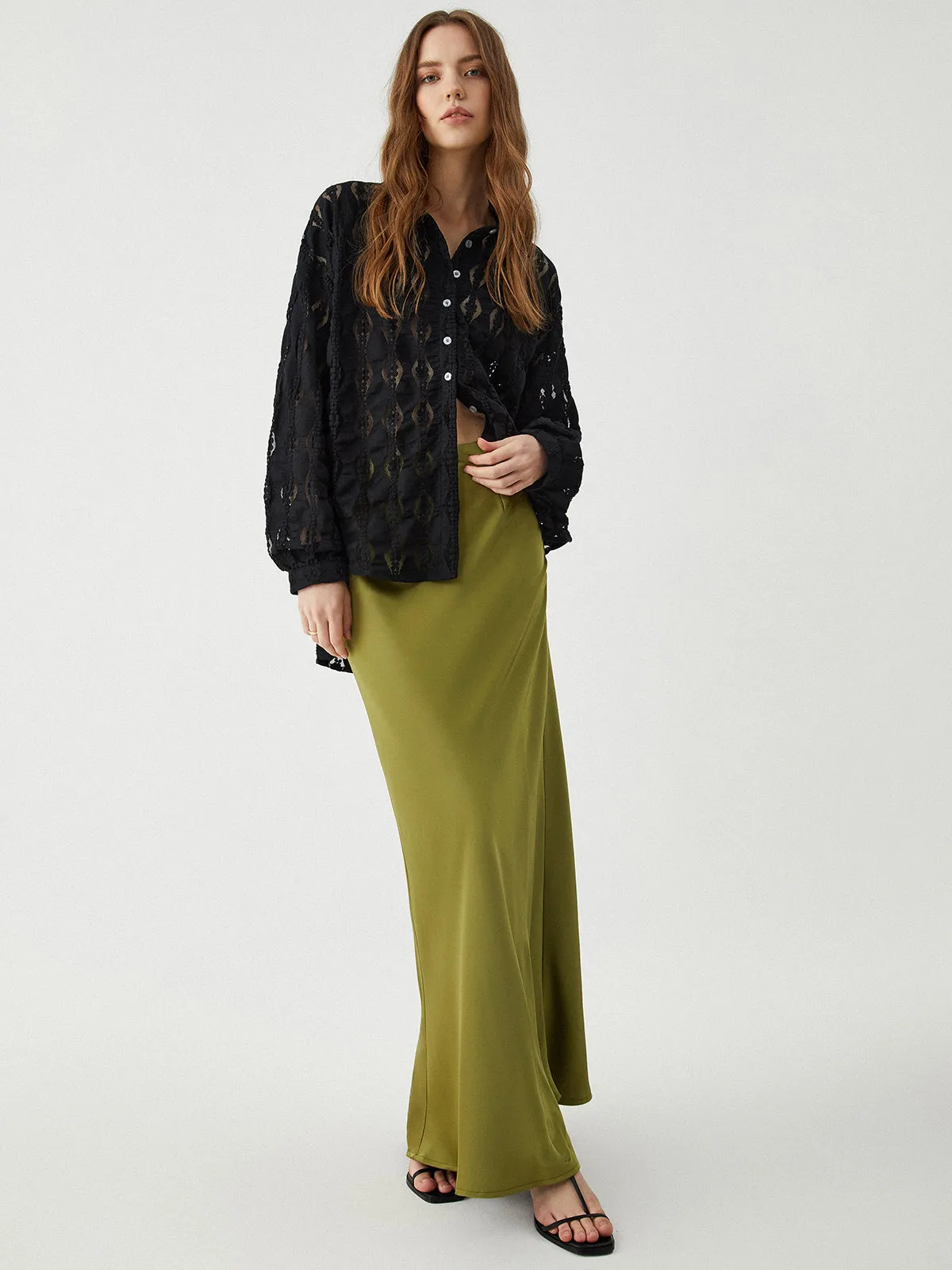 Semi-Sheer Floral Lace Button Up Shirt sold by COMMENSE product image thumbnail 3