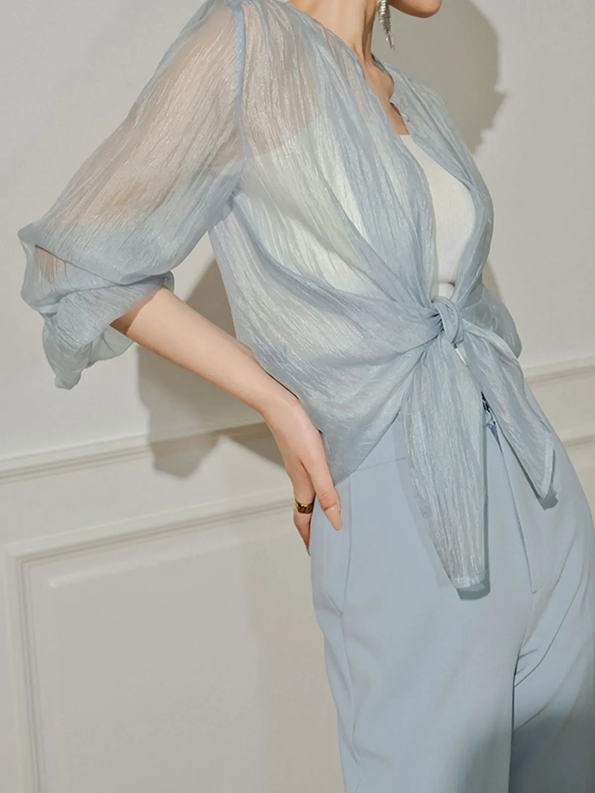 Semi-Sheer Through Long Sleeve Button Blouse sold by COMMENSE product image thumbnail 4