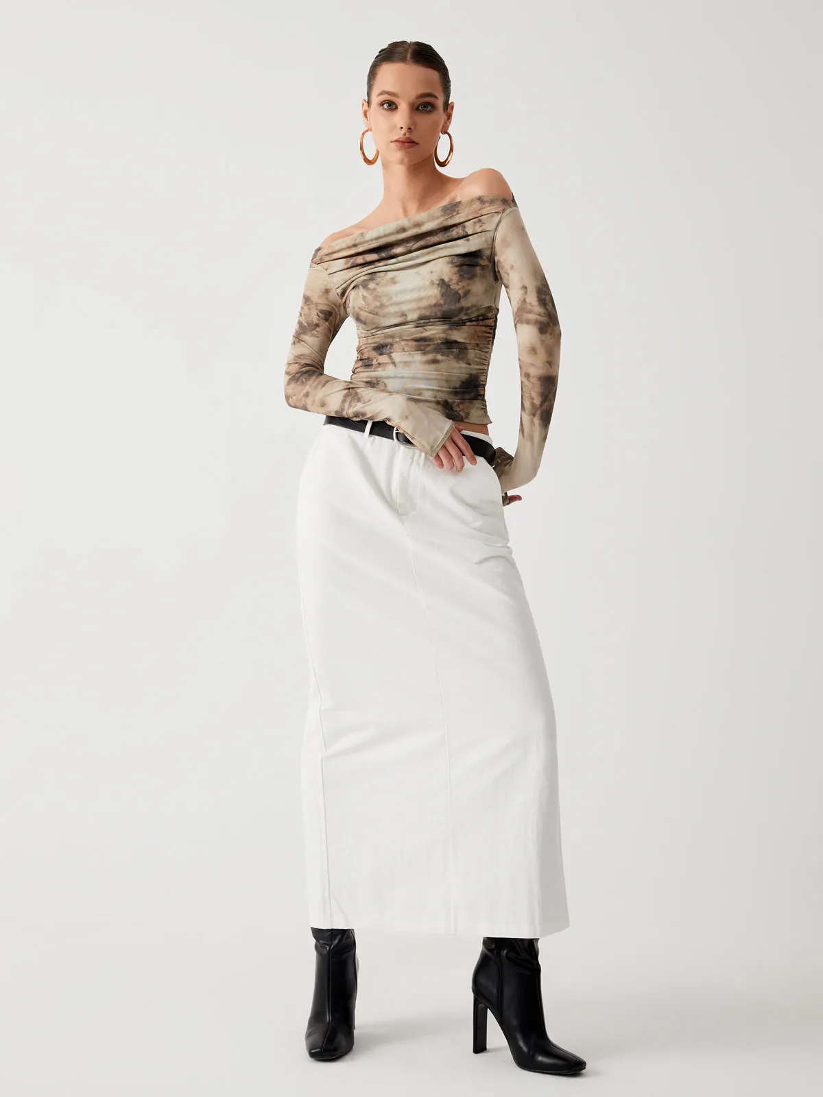 Semi-Sheer Tulle Mesh Off Shoulder Long Sleeve Crop Top sold by COMMENSE product image thumbnail 4