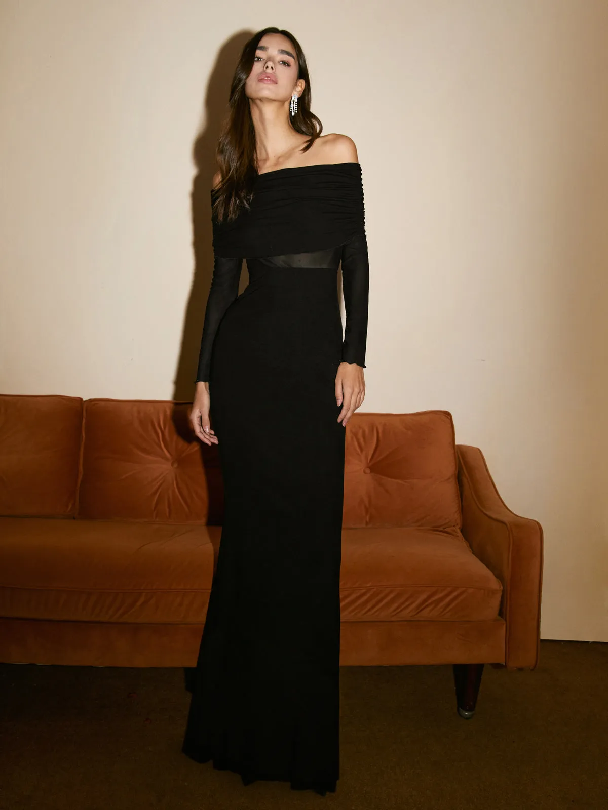 Semi-Sheer Off-Shoulder Mesh Long Sleeve Long Dress sold by COMMENSE