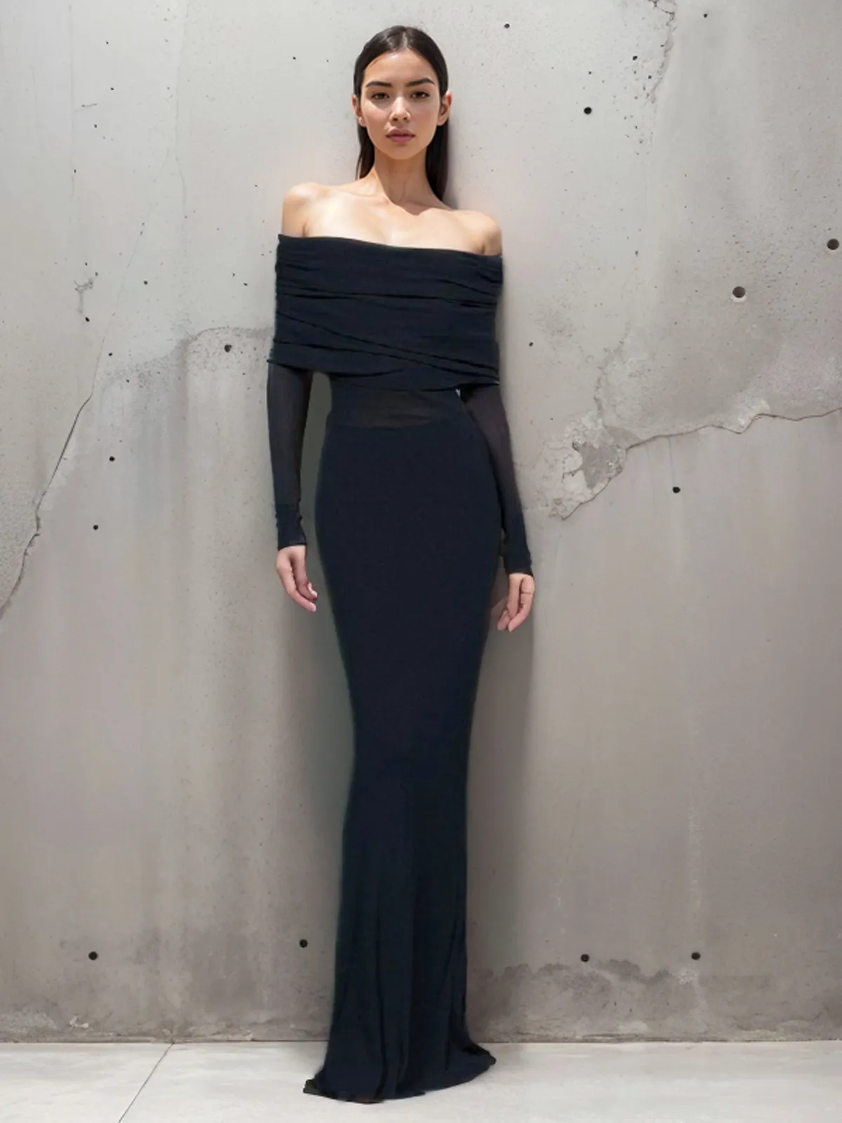 Semi-Sheer Off-Shoulder Mesh Long Sleeve Long Dress sold by COMMENSE product image thumbnail 3