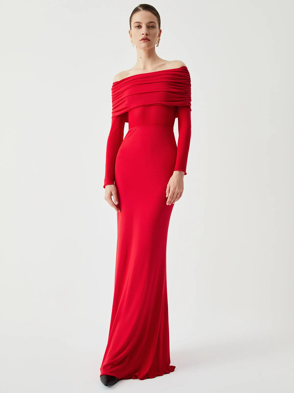 Semi-Sheer Off-Shoulder Mesh Long Sleeve Long Dress sold by COMMENSE product image thumbnail 4