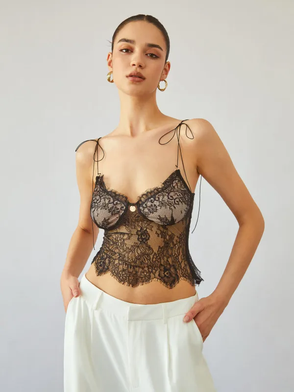 Sheer Tie Shoulder Floral Lace Cami Crop Top sold by COMMENSE