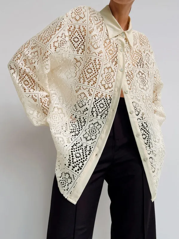 Oversized Semi-Sheer Eyelet Button Down Shirt sold by COMMENSE