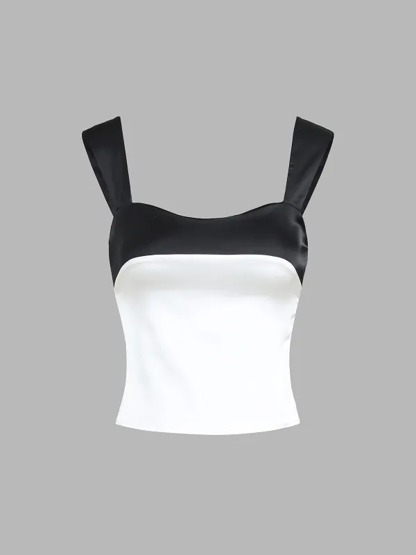 Semi-Sheer Two Tone Satin Tied Zippered Top sold by COMMENSE