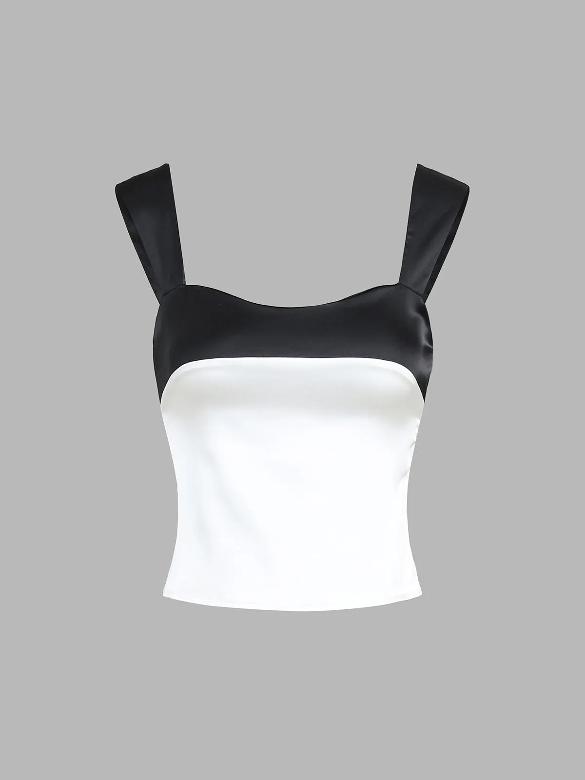 Semi-Sheer Two Tone Satin Tied Zippered Top sold by COMMENSE