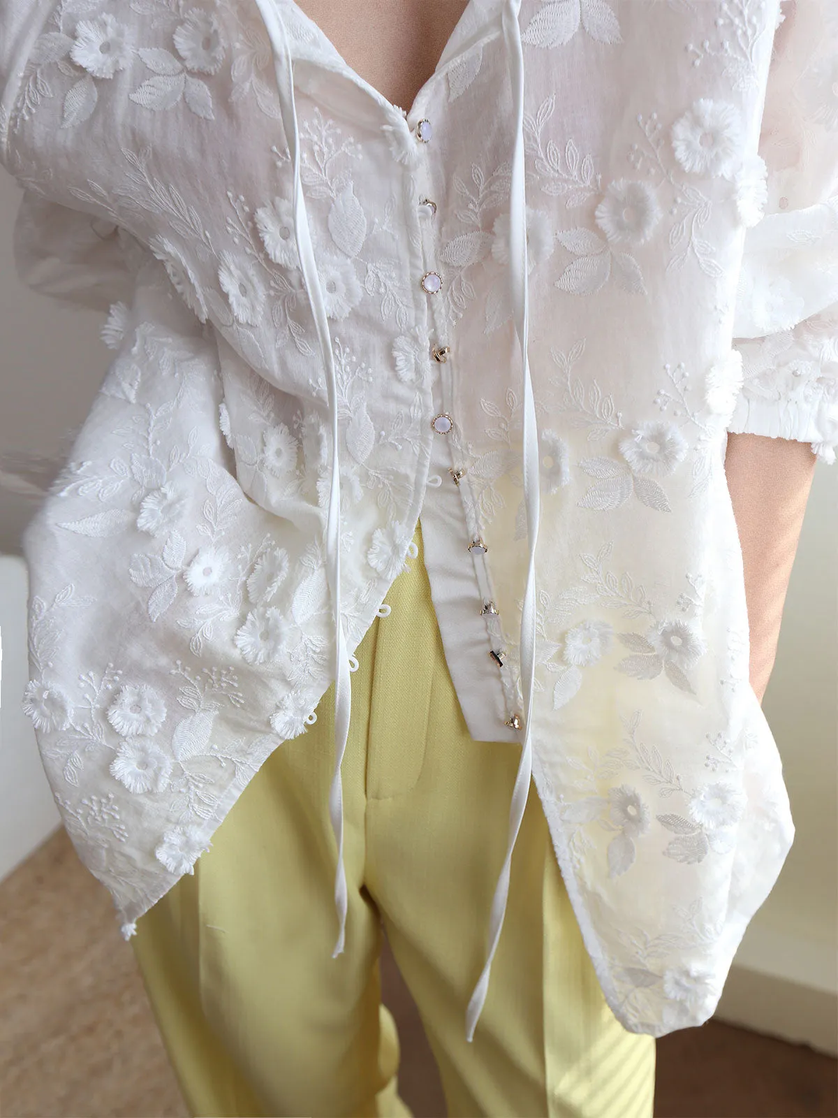 Oversized Semi-Sheer Embroidered Floral Blouse sold by COMMENSE product image thumbnail 3