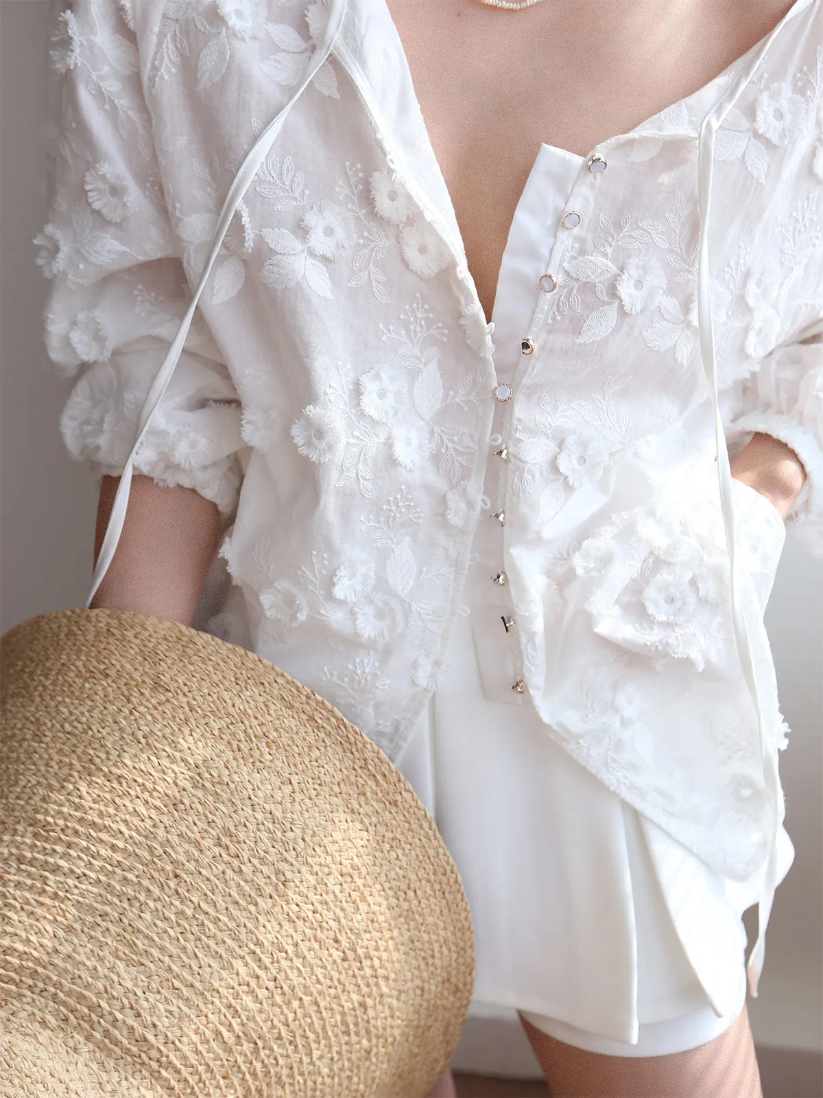 Oversized Semi-Sheer Embroidered Floral Blouse sold by COMMENSE