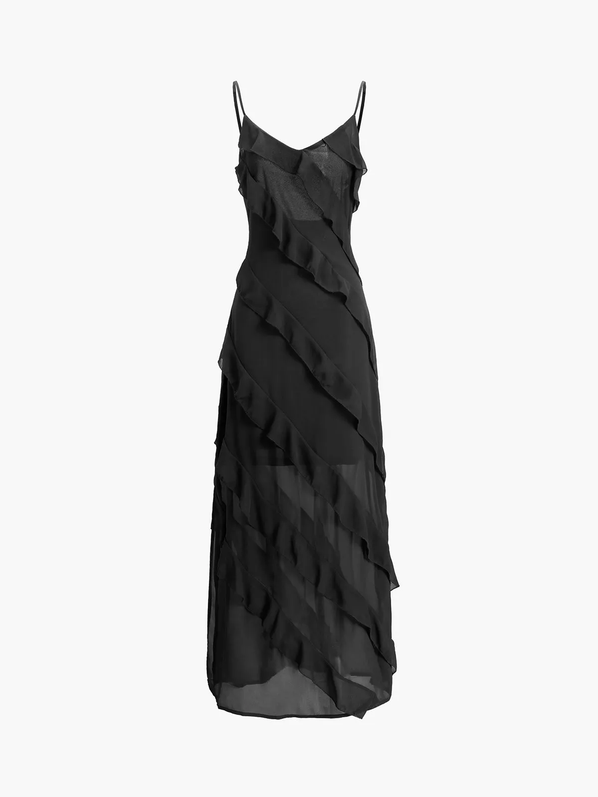 Semi-Sheer Ladder Ruffle Zippered Long Dress sold by COMMENSE product image thumbnail 4