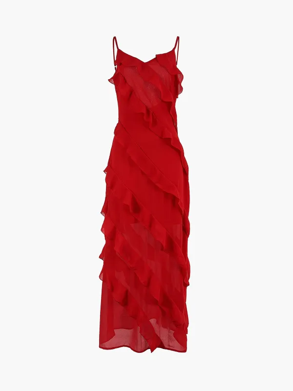 Semi-Sheer Ladder Ruffle Zippered Long Dress sold by COMMENSE