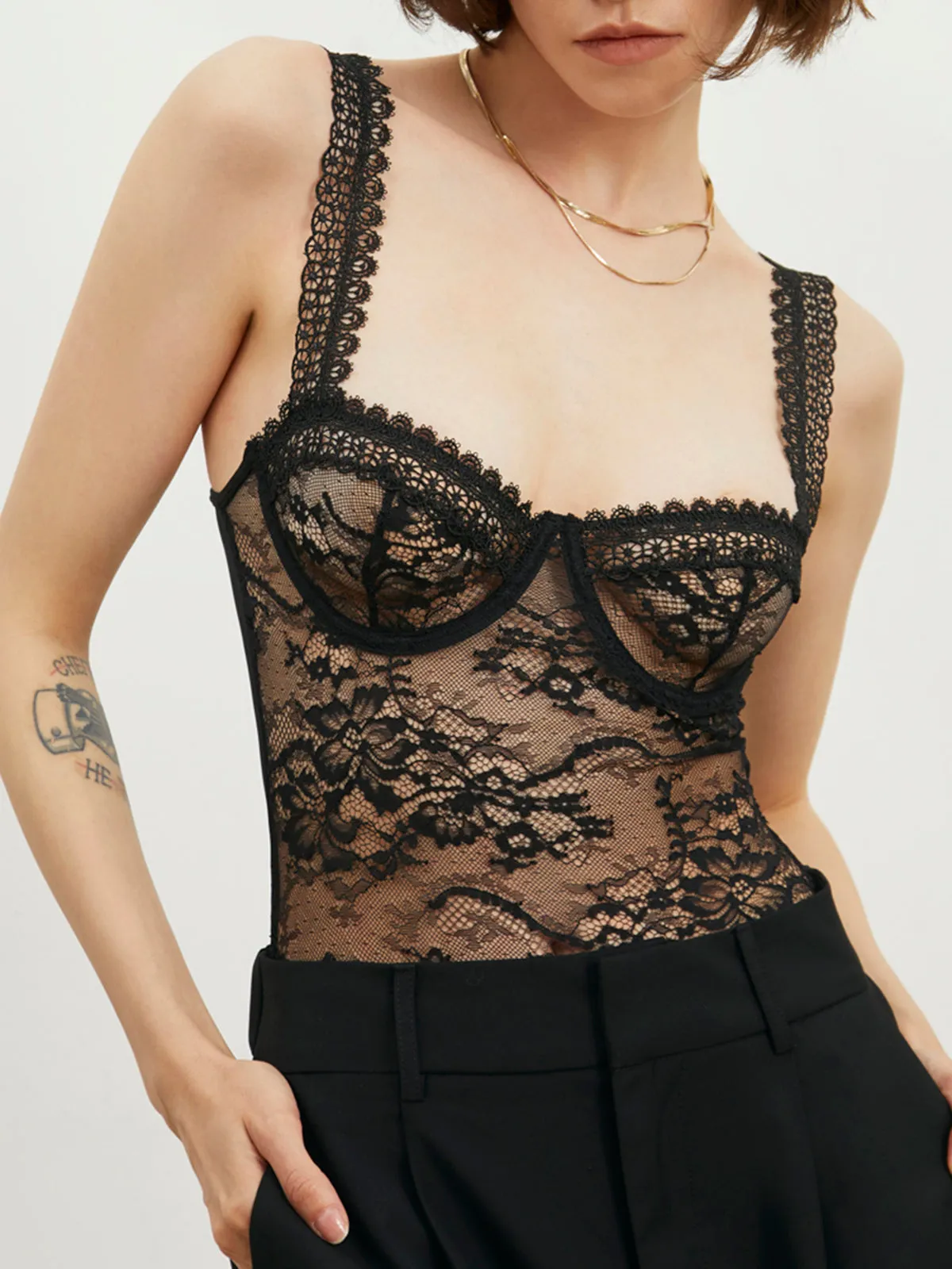 Semi-Sheer Floral Lace Bustier Bodysuit sold by COMMENSE