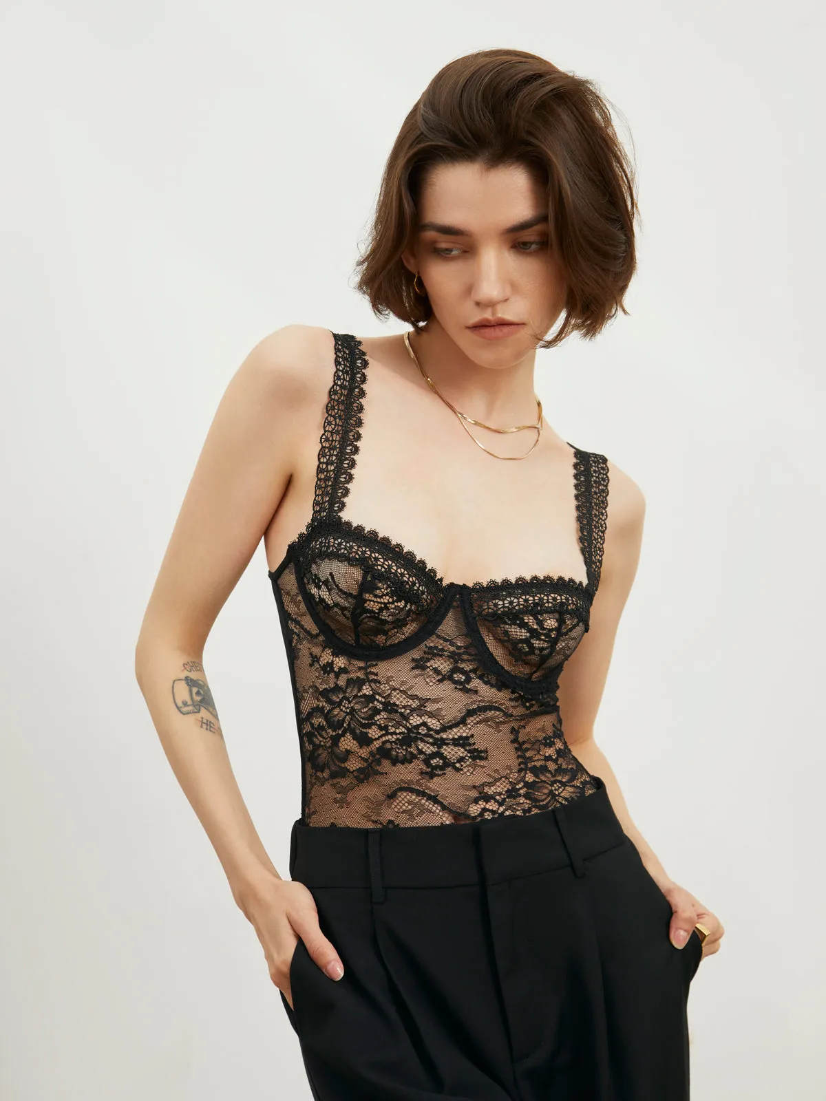 Semi-Sheer Floral Lace Bustier Bodysuit sold by COMMENSE product image thumbnail 4