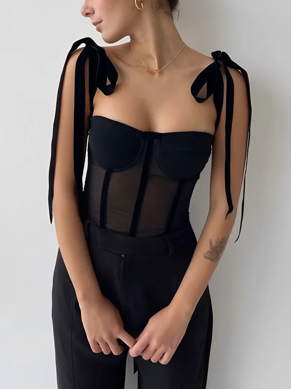 Semi-Sheer Tied Mesh Cami Crop Top sold by COMMENSE
