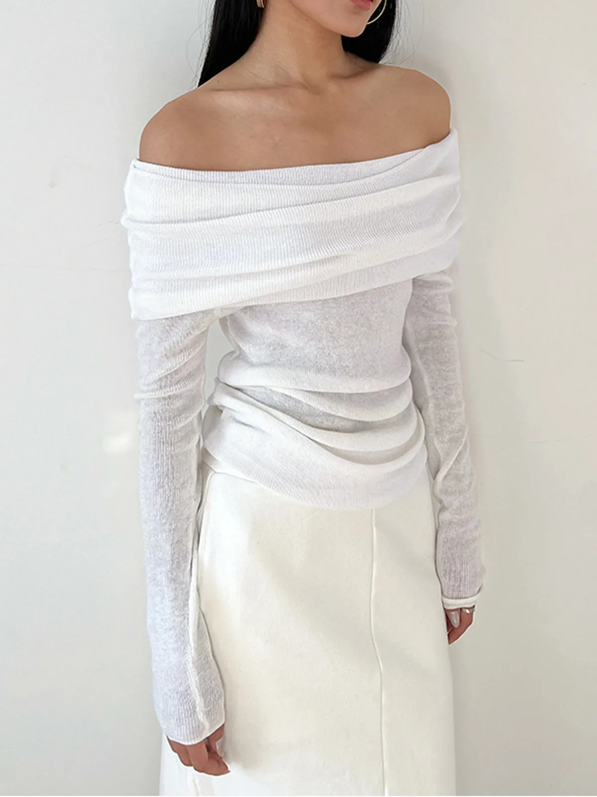 Semi-Sheer Overfold Off-Shoulder Shirt sold by COMMENSE product image thumbnail 3