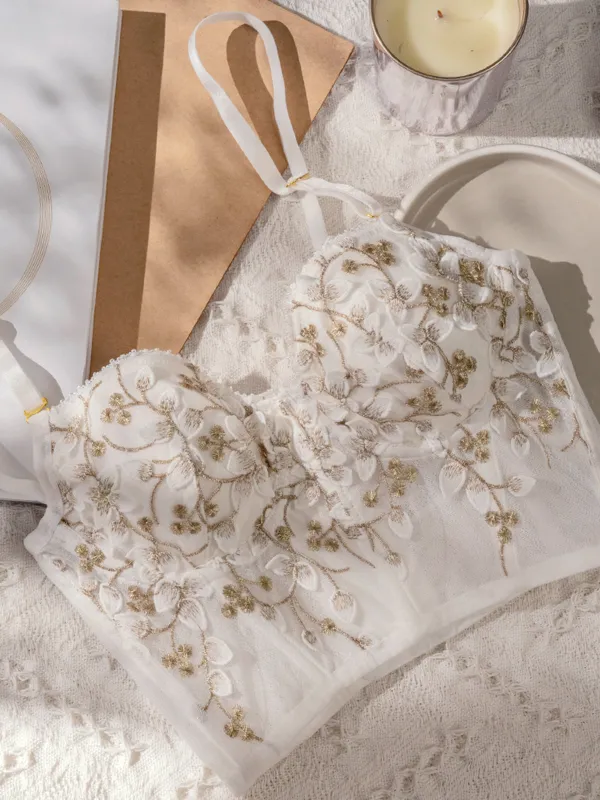 Floral Semi-Sheer Mesh Lace Crop Corset Top sold by COMMENSE