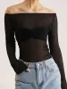 Semi-Sheer Off-Shoulder Mesh Long Sleeve Shirt sold by COMMENSE