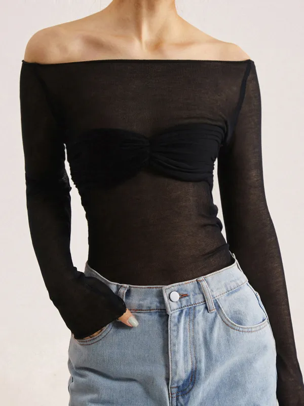 Semi-Sheer Off-Shoulder Mesh Long Sleeve Shirt sold by COMMENSE