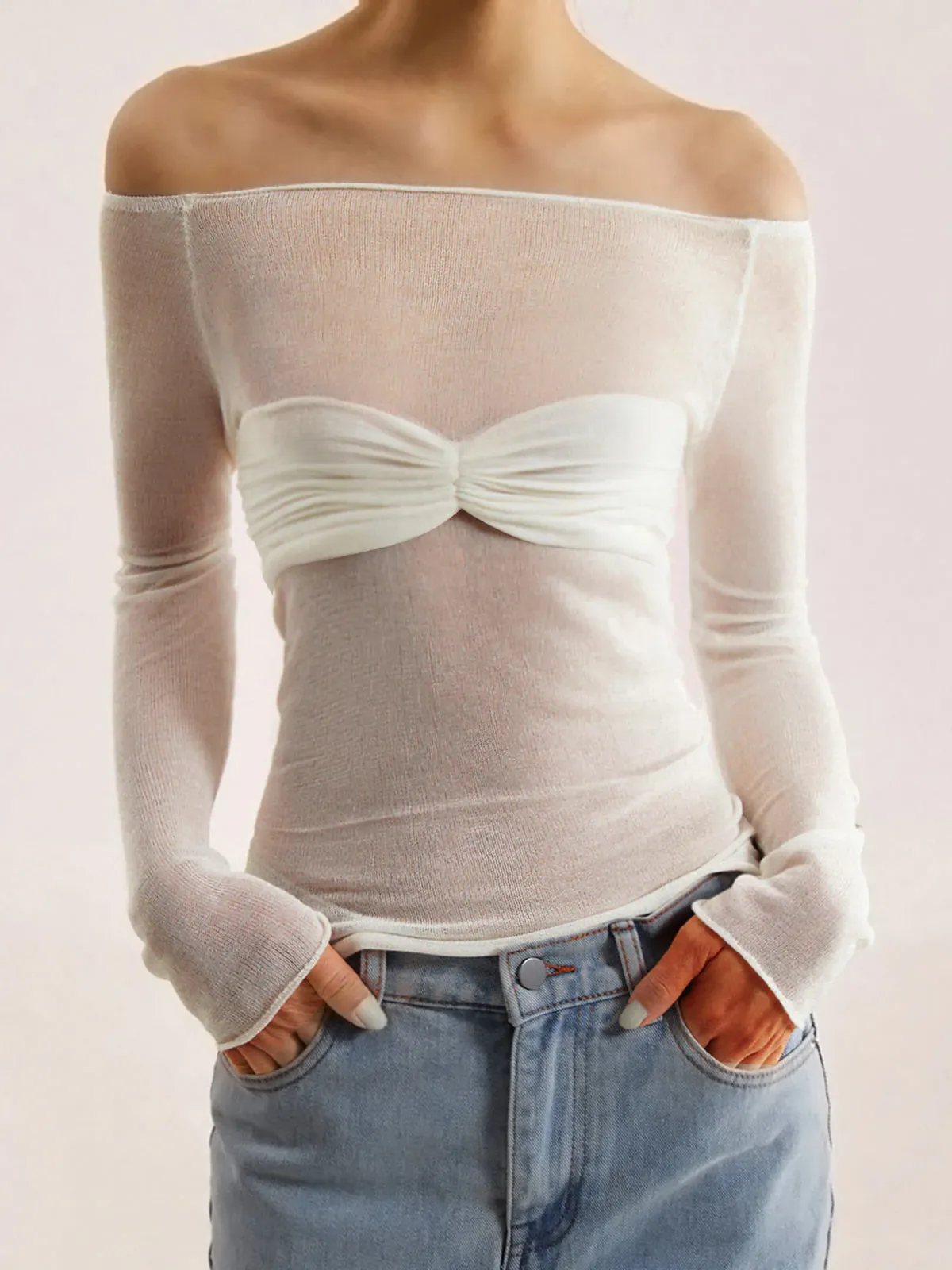 Semi-Sheer Off-Shoulder Mesh Long Sleeve Shirt sold by COMMENSE product image thumbnail 4