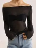 Semi-Sheer Off-Shoulder Mesh Long Sleeve Shirt sold by COMMENSE