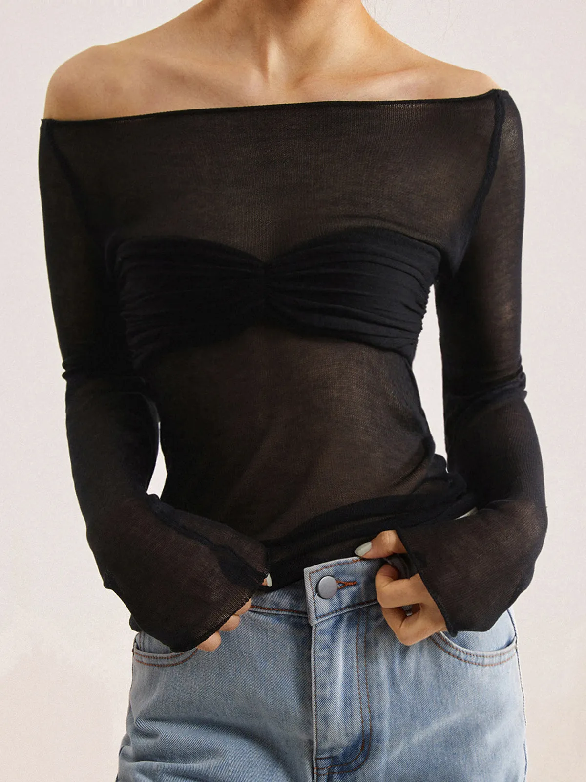 Semi-Sheer Off-Shoulder Mesh Long Sleeve Shirt sold by COMMENSE product image thumbnail 2