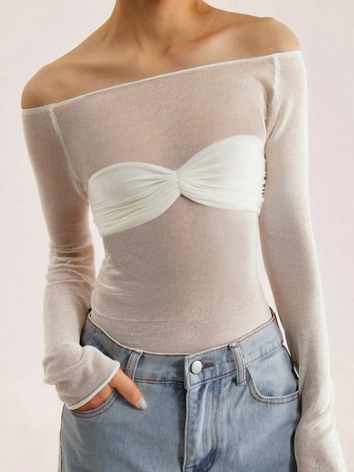 Semi-Sheer Off-Shoulder Mesh Long Sleeve Shirt sold by COMMENSE product image thumbnail 5