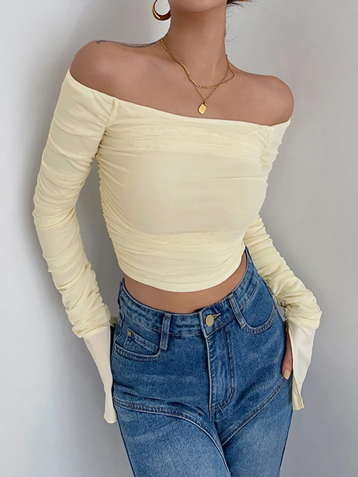Semi-Sheer Off-Shoulder Mesh Crop Shirt sold by COMMENSE product image thumbnail 2
