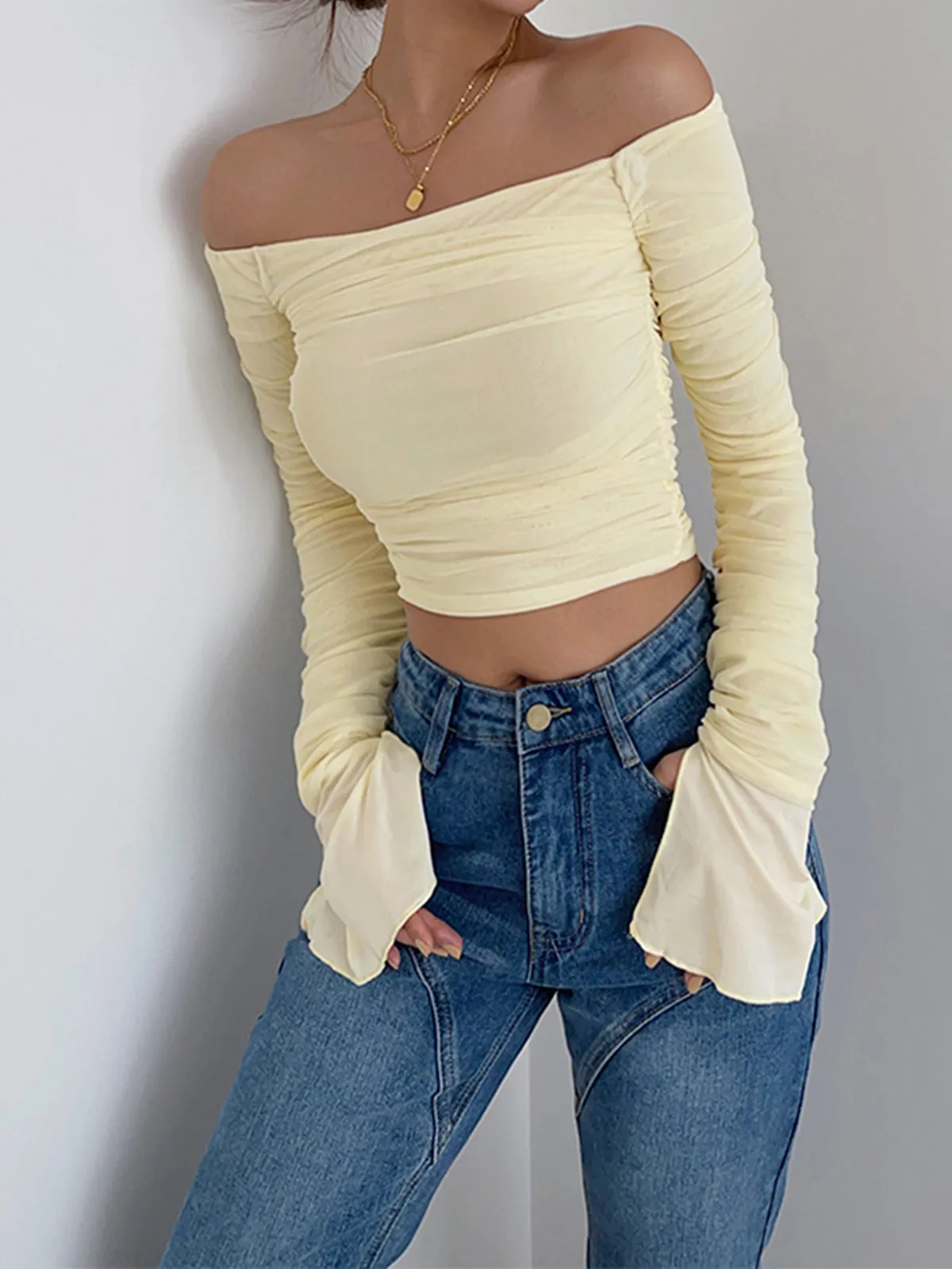 Semi-Sheer Off-Shoulder Mesh Crop Shirt sold by COMMENSE product image thumbnail 4