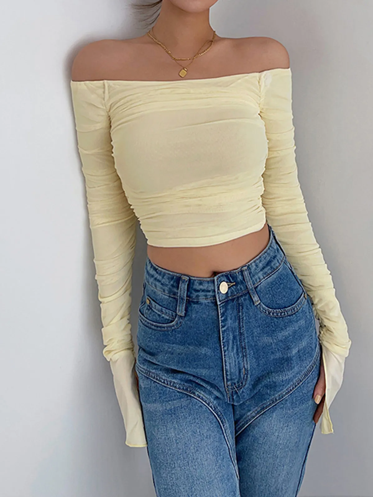 Semi-Sheer Off-Shoulder Mesh Crop Shirt sold by COMMENSE