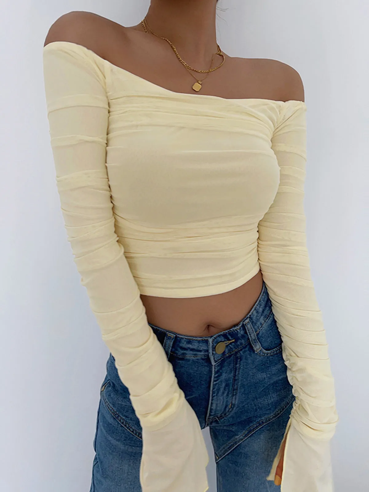 Semi-Sheer Off-Shoulder Mesh Crop Shirt sold by COMMENSE product image thumbnail 3