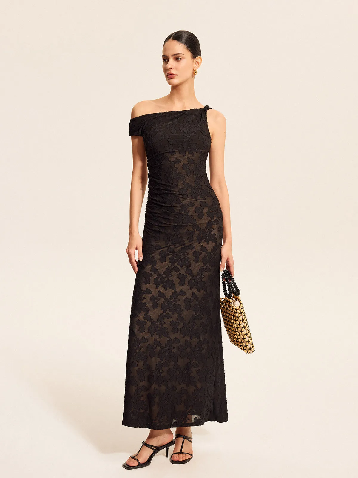 Semi-Sheer Lace One-Shoulder Maxi Dress sold by COMMENSE