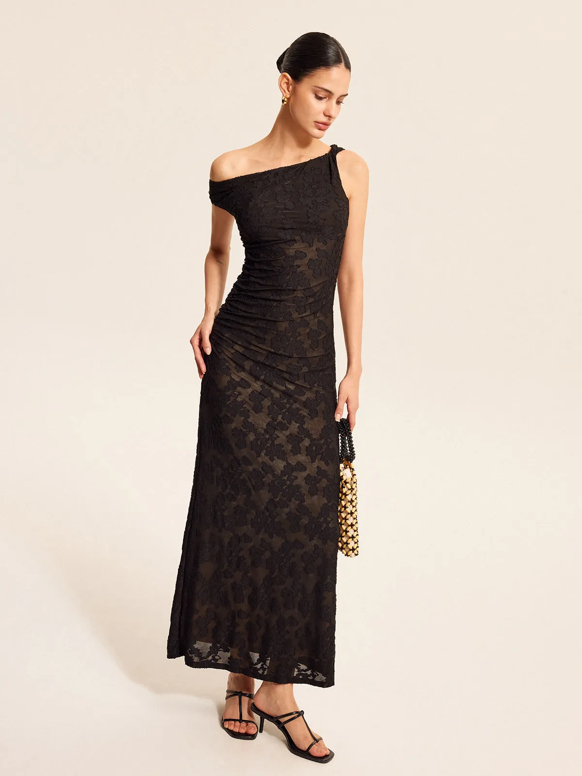 Semi-Sheer Lace One-Shoulder Maxi Dress sold by COMMENSE product image thumbnail 3