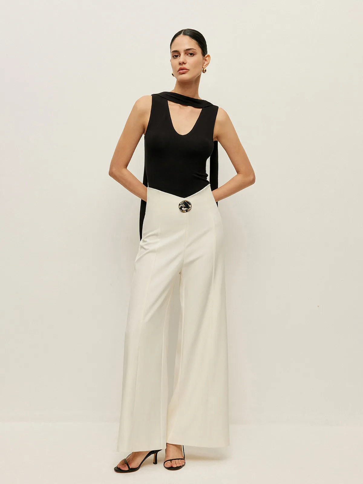 High-Waist Wide Leg Pants With Buckle Detail sold by COMMENSE product image thumbnail 3