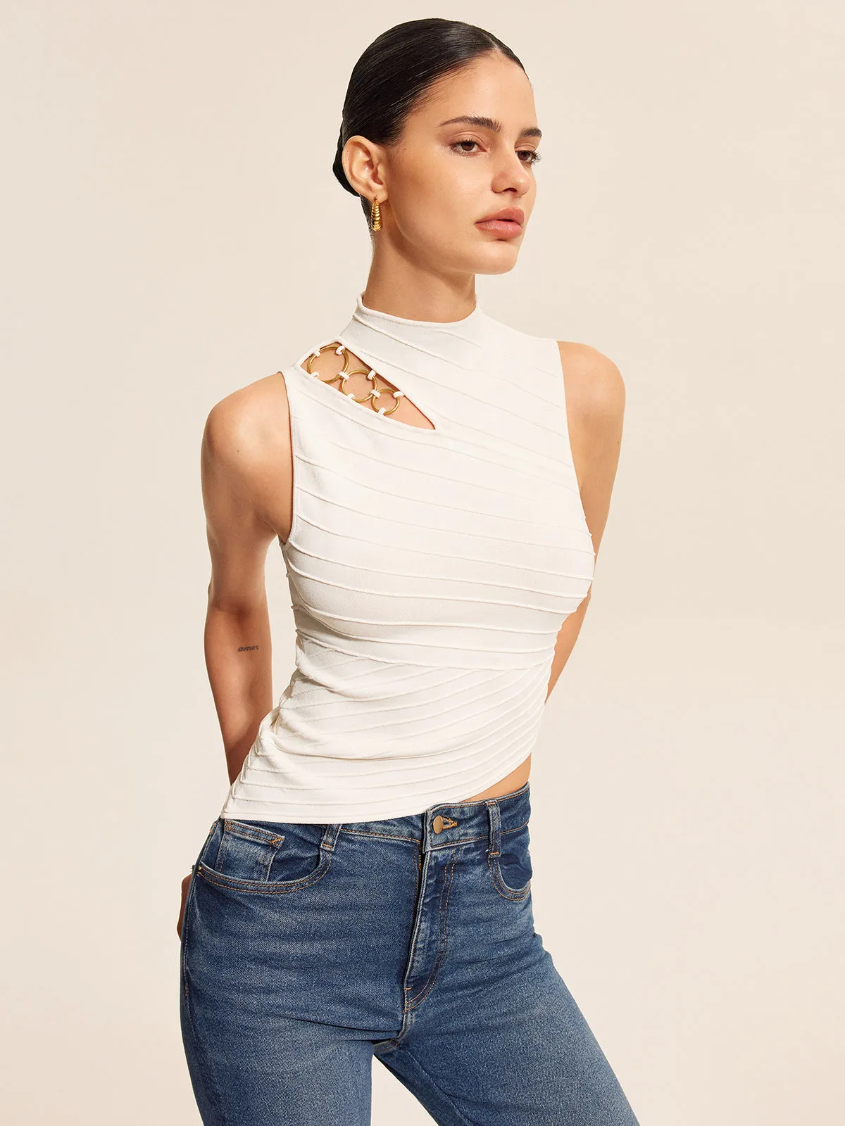 Asymmetrical Cut-Out Chain Detail Knit Top sold by COMMENSE product image thumbnail 5